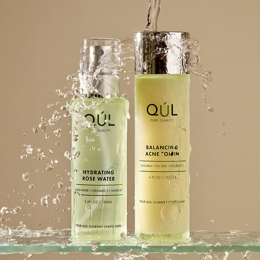 Balancing Acne Toner and Hydrating Rose Water with water pouring over them